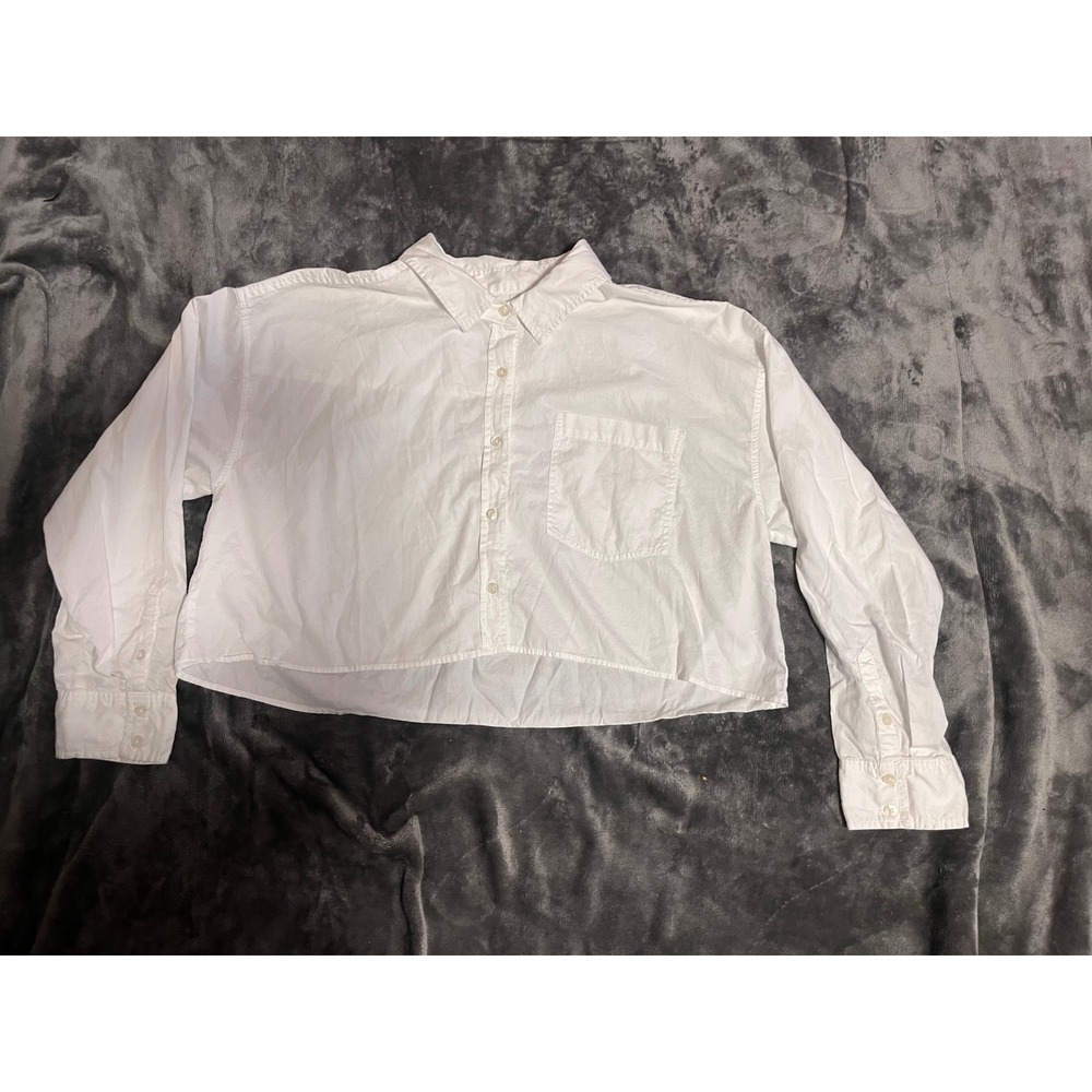 American Eagle White Cropped Button Down Shirt Long Sleeve Large High Low Hem